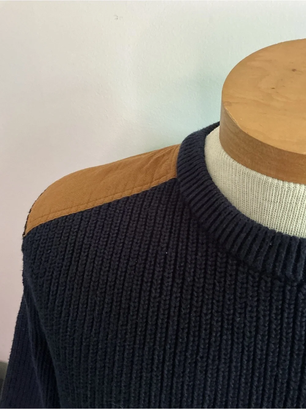 J. Crew Woodsman Navy Crewneck Sweater with Tan Shoulder Patches